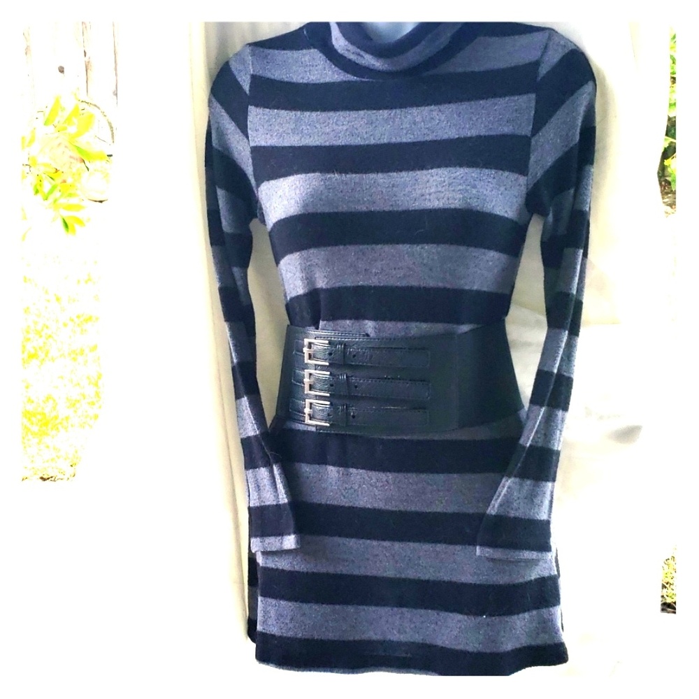 Mock neck long sleeve striped fitting mini dress.